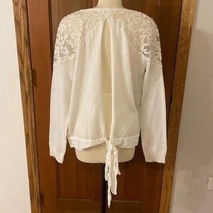 LC Lauren Conrad White Open-Back Crew Sweater with Lace Yoke